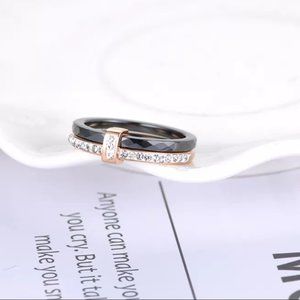 2 Layers Black/White Ceramic Crystal Wedding Rings Jewelry Rose Gold